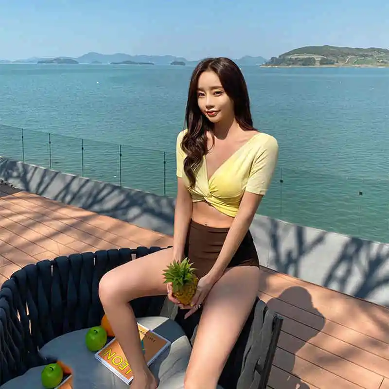 Пикантное бикини с коротким рукавом Женский однотонный купальник высокой талией