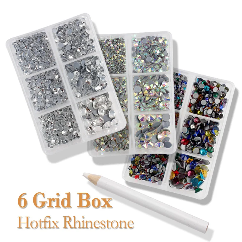 

AAA High Quality Hotfix Rhinestones 6 Grid box Mix 6 size 1200Pcs Glass Crystals and stone for DIY Clothes Nail art
