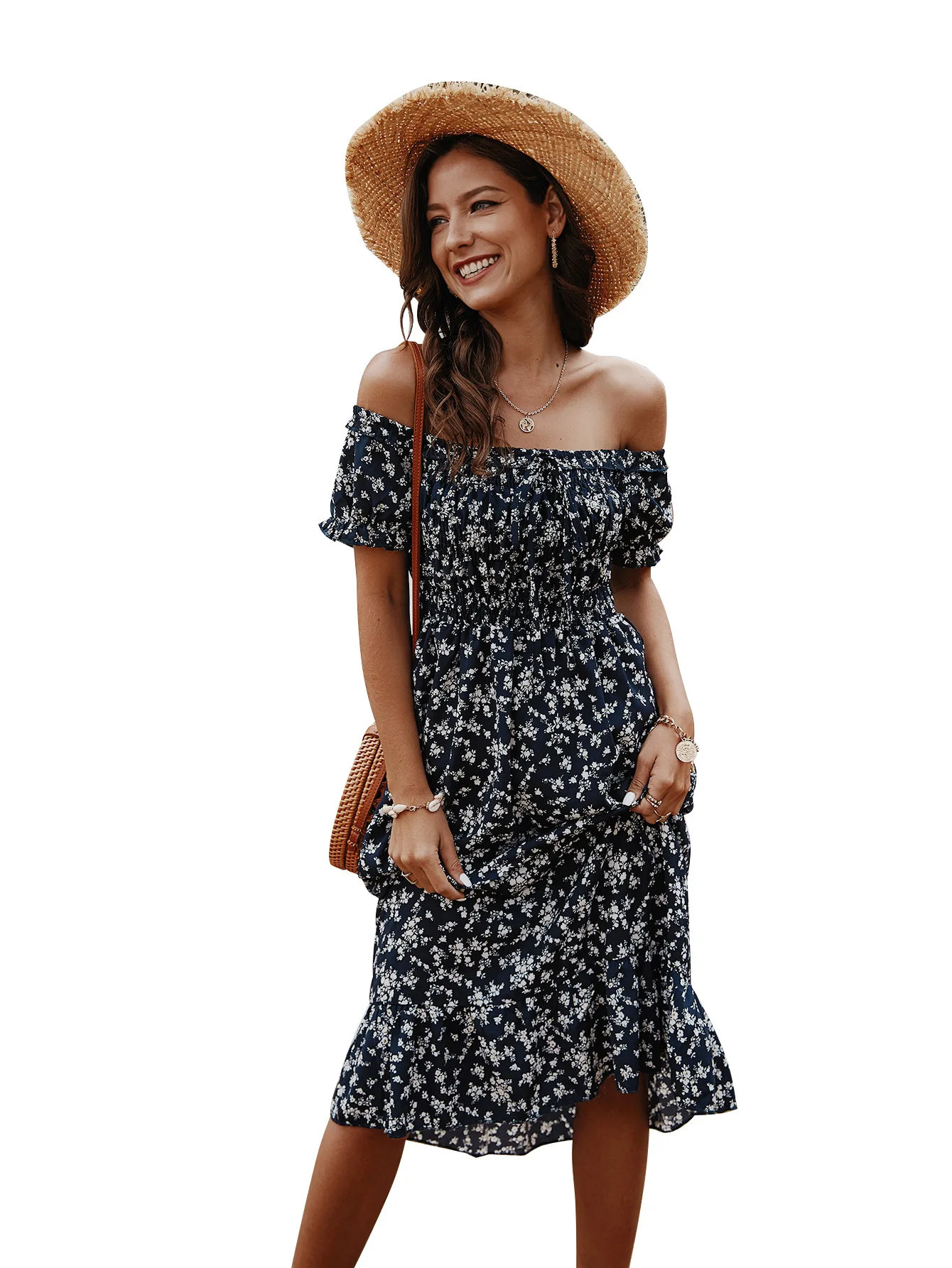 

Floral Boho Print Dress Sexy Strapless Slash Neck Short Sleeve Dresses Women Vestidos Off Shoulder Beach Summer Midi Dress Mujer