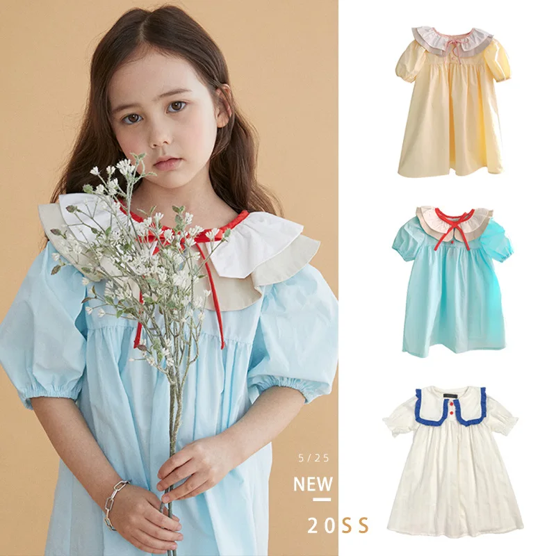 

Girls Summer 21 New Girls Cute Doll Collar Dresses Girls Navy Collar Spelling Color Bubble Sleeve Dresses Young Children Skirt