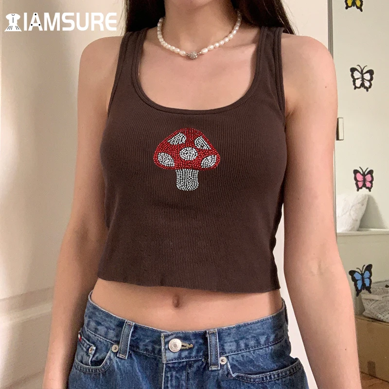 

IAMSURE Mushroom Pattern Rhinestone Knited Vest Slim Ribbed Sleeveless Crop Top For Women 2021 Casual Streetwear O-Neck Tank Top