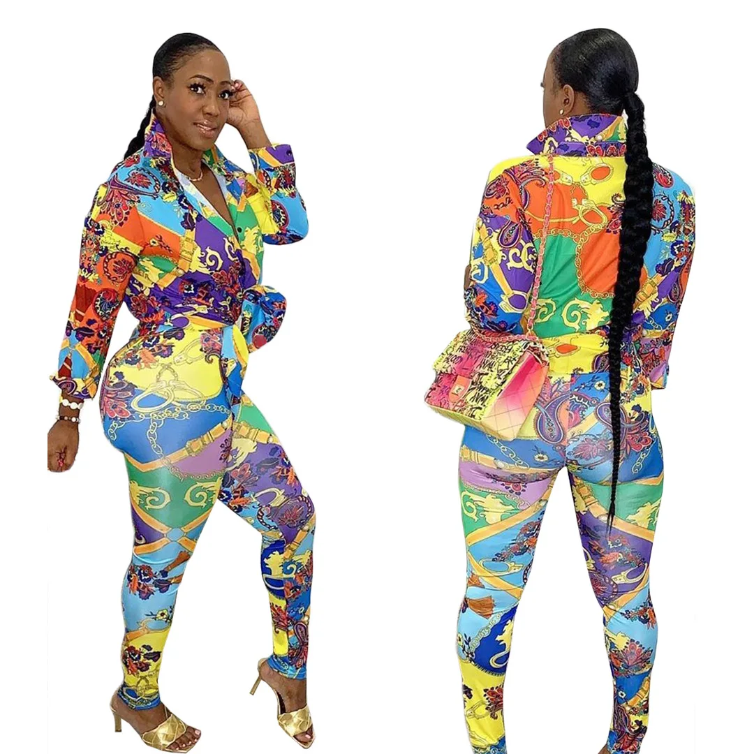 

Spring Autumn New Fashion Blouses Two Piece Suit African Dashiki Women Single Breasted Long Sleeve Cardigan Trousers Casual Suit