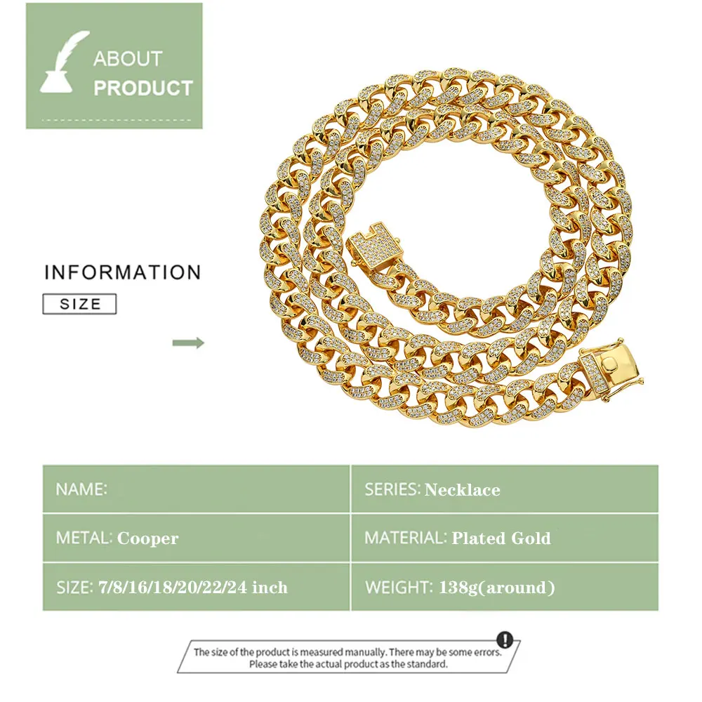 

Gold-plate Men's 12mm Miami Cuban Chain Iced Out Zircon Necklace Hip Hop Fashion Jewelry