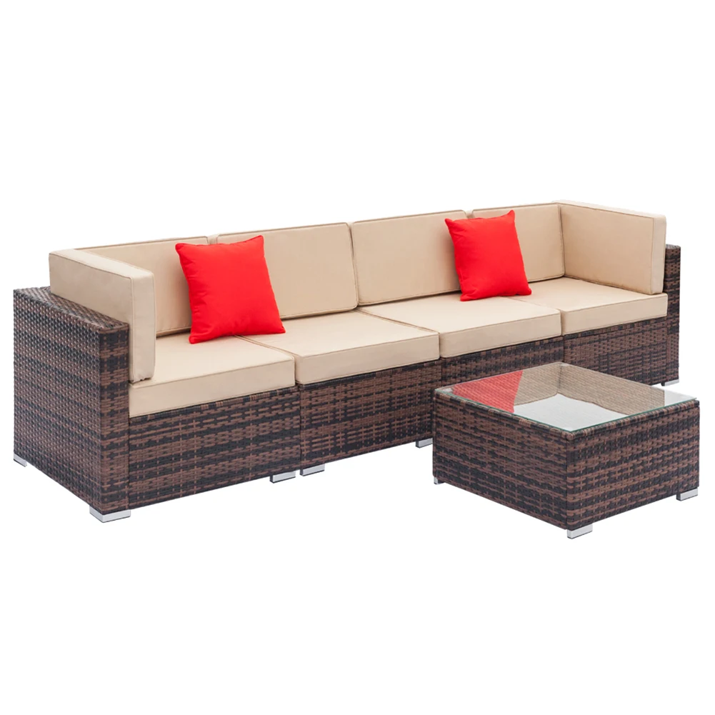 

5 Piece Brown Outdoor Dining Set with Cushions Poly Rattan dining set made of Powder-coated steel frame + PE rattan