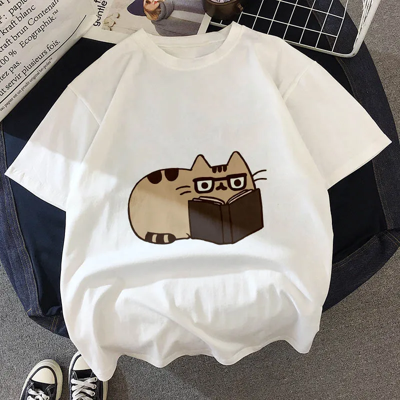 Kawaii, футболка с толстым котом, женская, новинка, летняя, милая, модная, короткий рукав, футболка, белая, тонкая, с секциями, хипстер, футболка, Топы, одежда