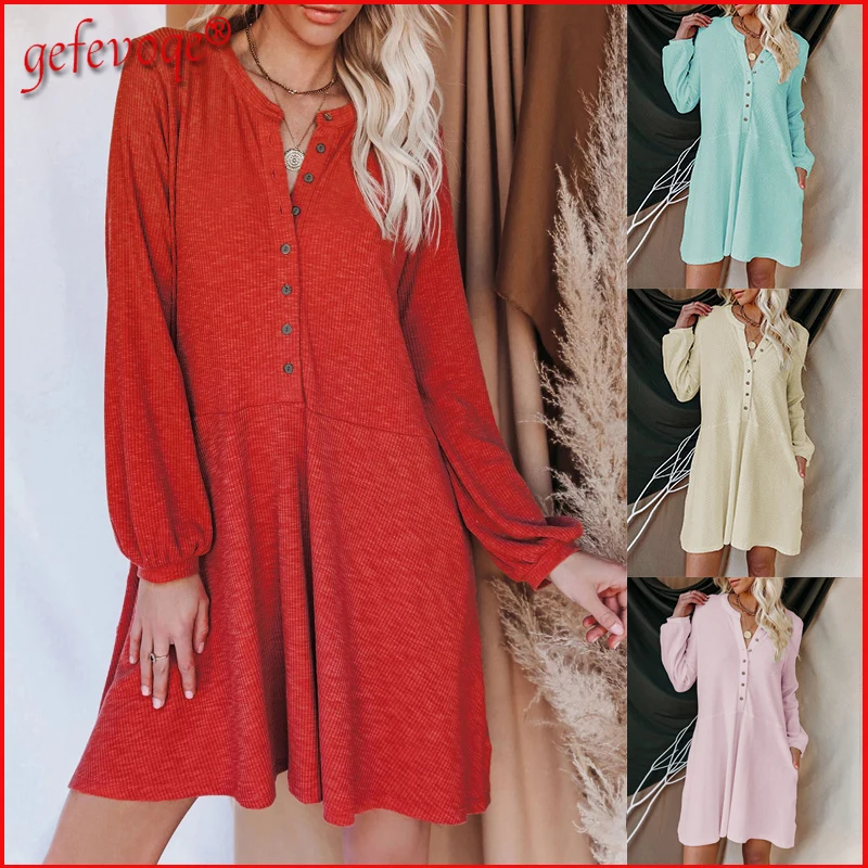 

Autumn Winter Solid V-neck Basic Dresses for Women Casual Ribbed Button Long Sleeve Plus Size Beach Mini Dress Female Clothing