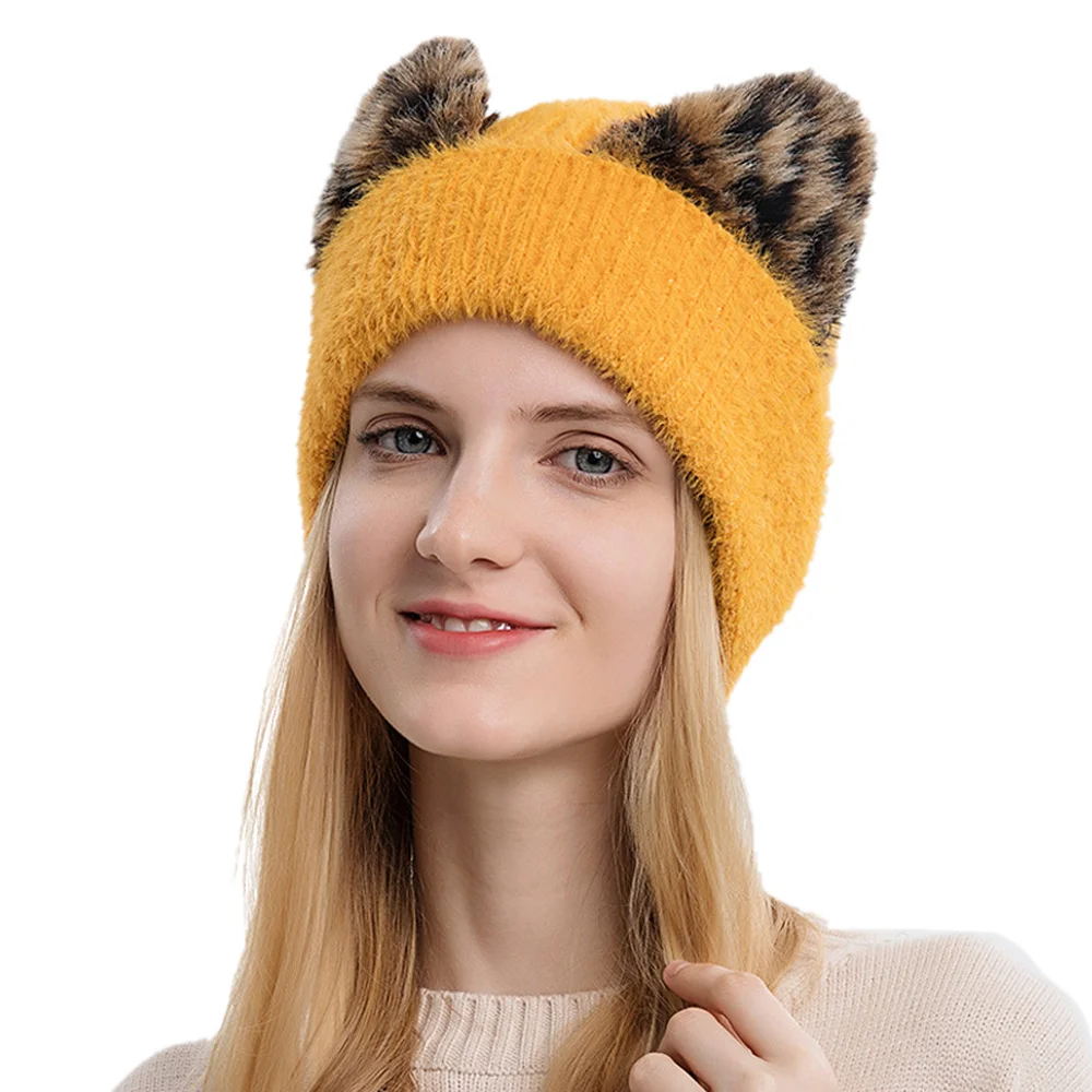 

Christmas Cartoon Leopard Cat Ears Skullies Beanies Winter Sweet Ladies Woolen Hat Stretch Knitted Pullover Cap Warm Ski Hat