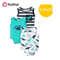 patpat new arrival 2021 summer 3 piece baby dinosaur allover striped bodysuits set baby rompers babys clothing sleeveless