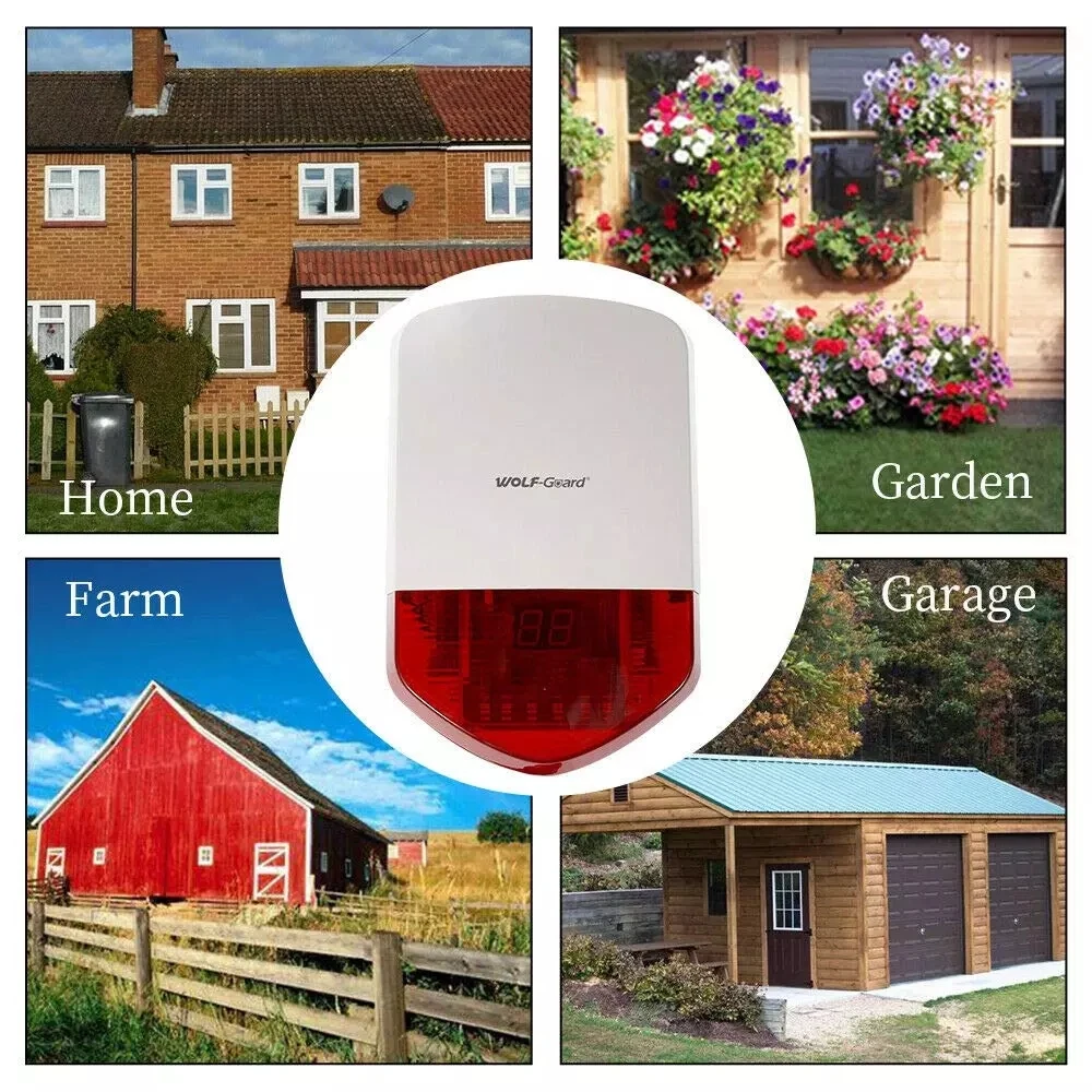 

Wolf-Guard Wireless Outdoor Alarm Siren 110dB Home Security Alarm Burglar System Host Kit with 10 Remote Controller 433MHz