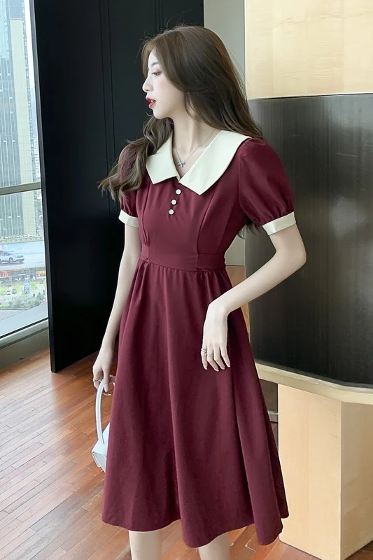 

COIGARSAM Women one-piece dress korean Summer Vintage Peter pan Collar High Waist Dresses Wine Red Black 883