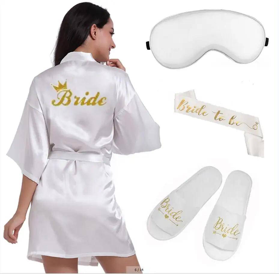 

4pc set of bride robe eyemask slippers sash bridesmaid kimono wedding bridal party Bachelorette bathrobe getting ready robes