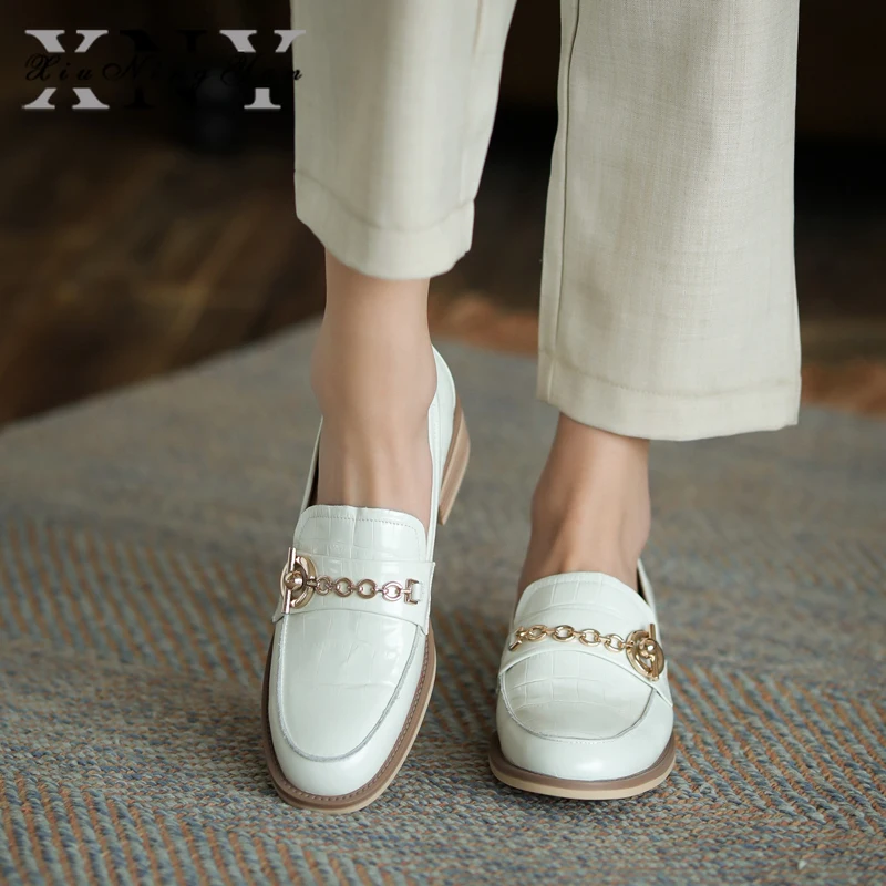 

Handmade Genuine Leather Loafers Women Shoes Chain Soft Low Heel Round Toe Ladies Casual Shoes Women Penny Shoes Oxford Shoes