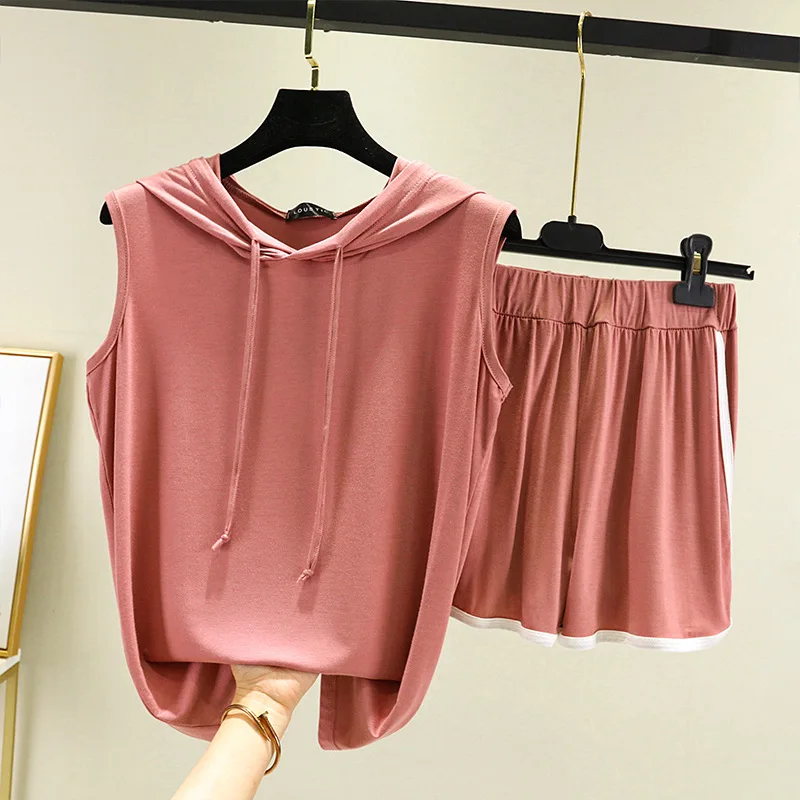 

Summer new ladies pajamas two-piece modal sports leisure hooded sleeveless top + shorts loose large size home service can go out