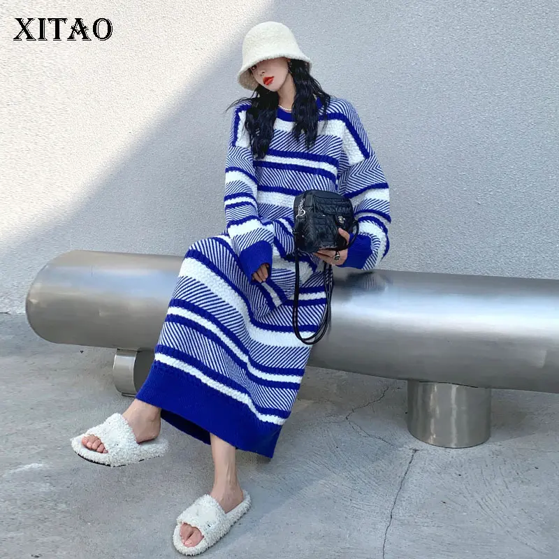 

Платье в полоску XITAO, трикотажный пуловер размера плюс, Goddess Fan, повседневный стиль, 2021, элегантное винтажное Свободное платье, GWJ2357