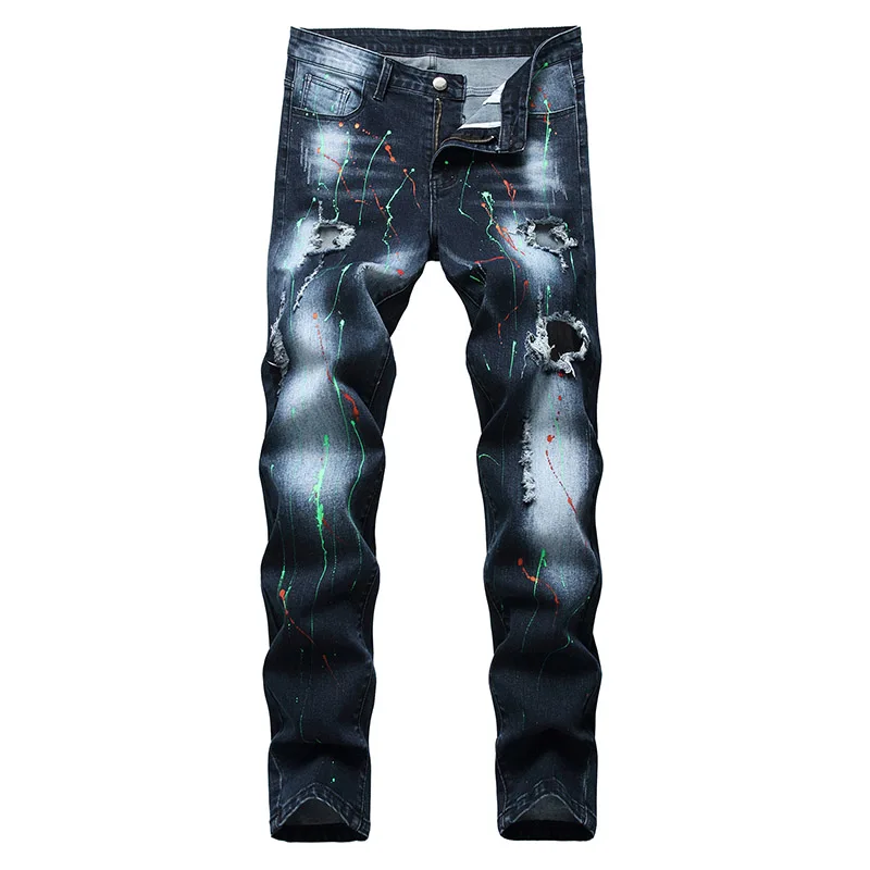 

Рваные джинсовые брюки с дырками, облегающие тянущиеся потертые джинсовые брюки для мужчин в стиле хип-хоп, темно-синие