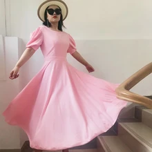 Vestido de fiesta de Color liso para mujer, prenda elegante con cuello redondo, dulce, temperamento (4)