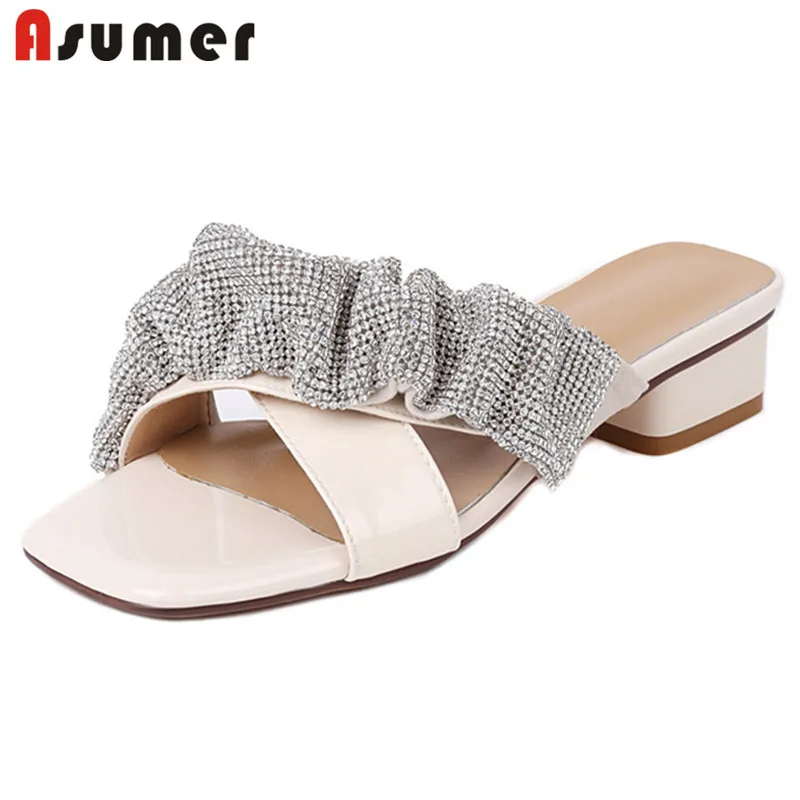 

Asumer 2021 Big Size 43 Low Heel Casual Shoes Women Slipper Top Quality Genuine Leather Shoes Crystal Summer Slipper Women