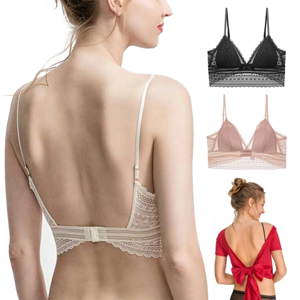 

Backless Perspective Bra Bralette Wireless Bra Deep V Low Back Lingerie for Party Dress Lace Women Bras