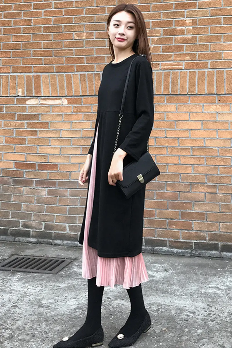 

L-4XL Plus Size Women Dress Korean Spring Autumn Fashion New Fake Two Piece Chiffon Stitching Pleated Loose Dress Elegant f2729