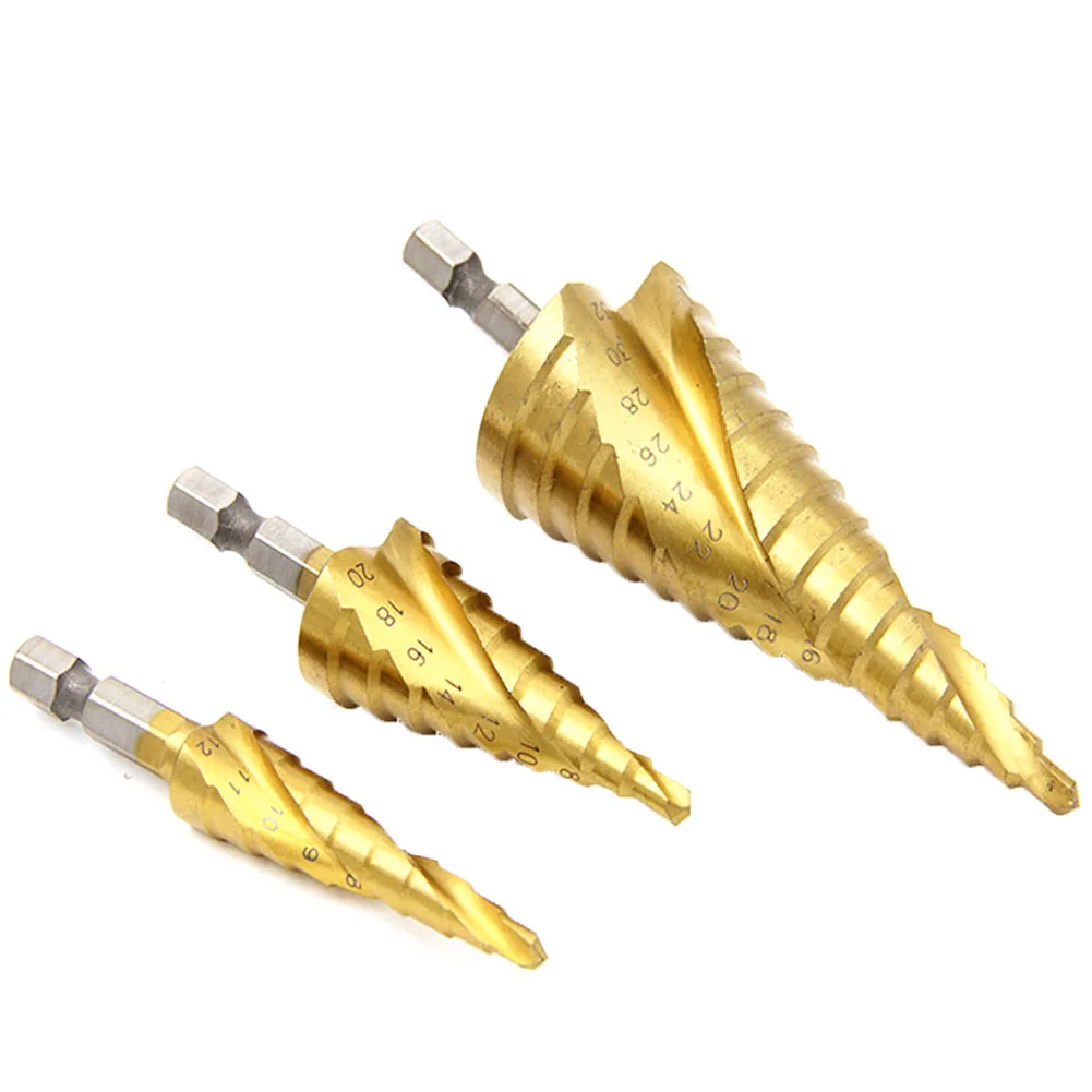

3pcs 4~12mm 4-20mm 4~32mm Titanium Coated Pagoda Shape Step Drill Bit HSS Round Hex Shank Hole Cutter Core Drill Bit Power Tools