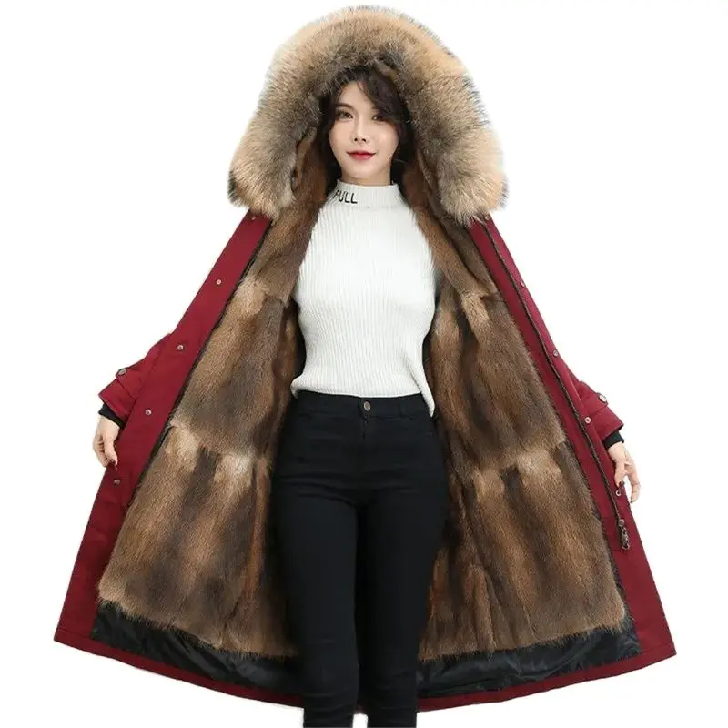2021 New Parka Winter Coat Women One-Piece Detachable Liner Female Green Root Carved Fox Fur Imitation Fur Coat Hooded Black