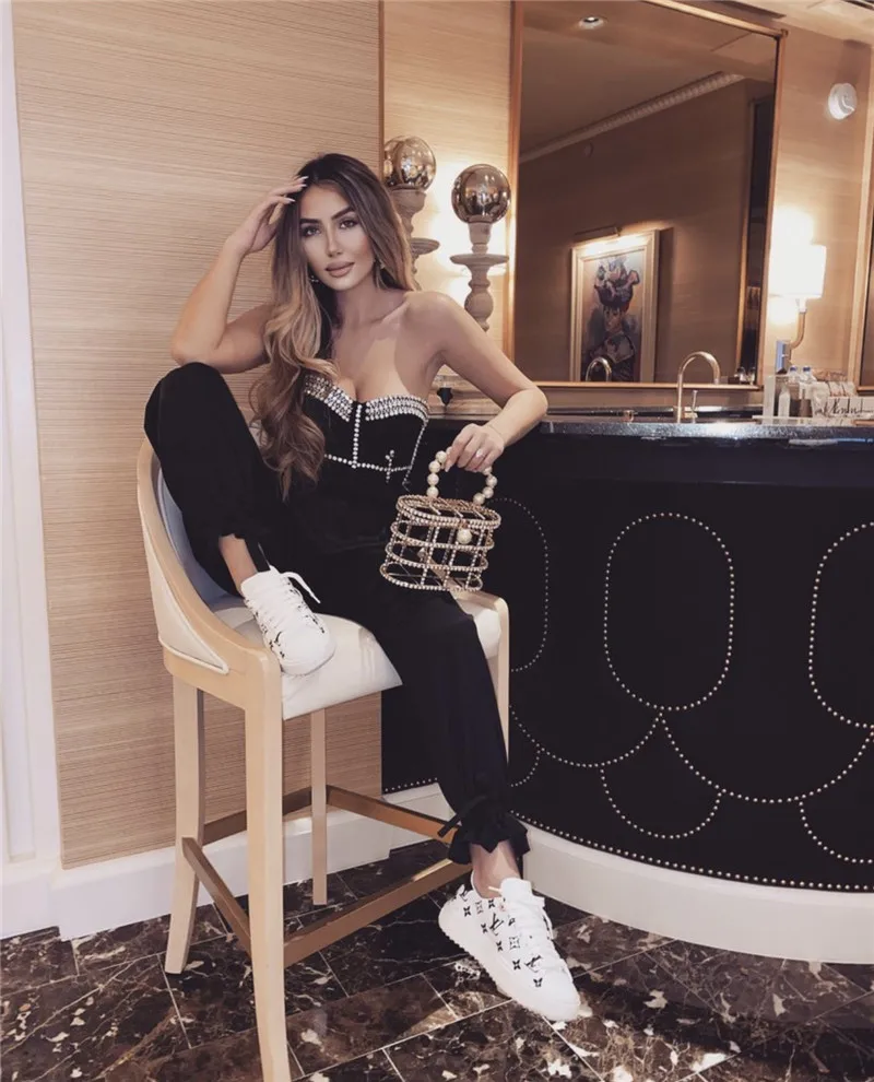 High Quality Woman Bandage Sexy Two Pieces Bodycon Set Shinny Beading Top Long Bandage Pants Elegant Black Women's Set