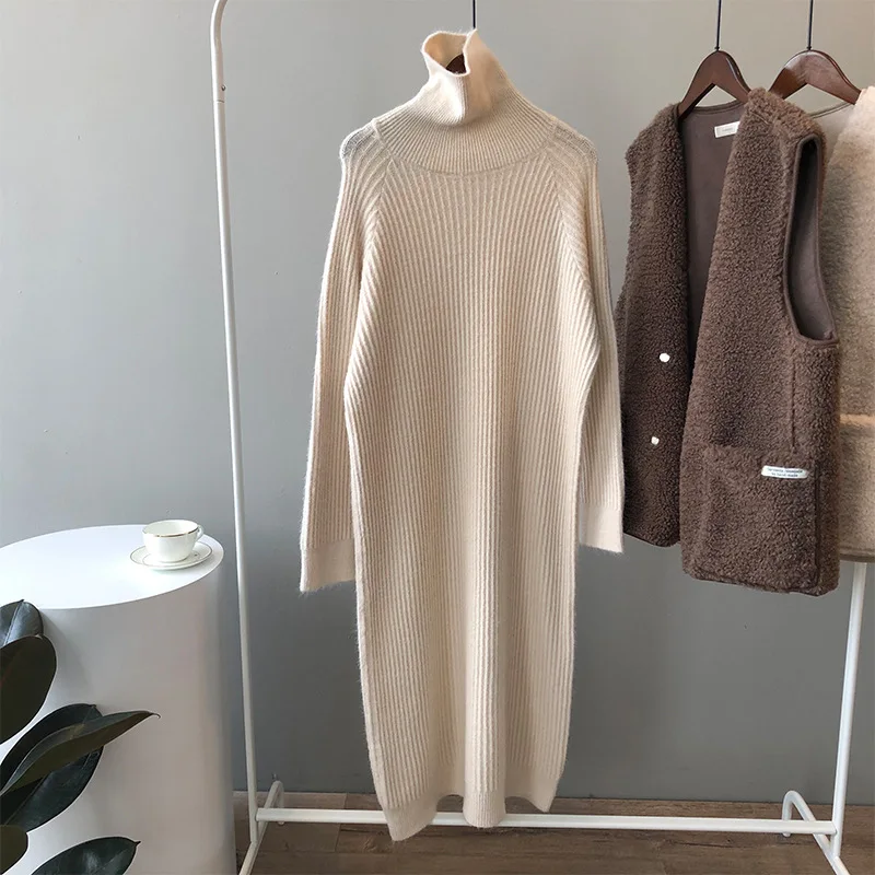 

COZOK 2021 Autumn and Winter New Loose High Neck Long Over Knee Pullover Lazy Wind Sweater Knitted Dress Y356