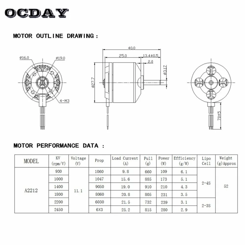 Бесколлекторный двигатель DXW A2212 1800кв/2200кв/2450кв 2-4S Outrunner для RC FPV неподвижное крыло