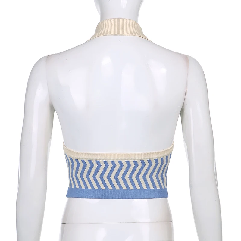 

2021NEW retro lapel holiday short halter women's sling, summer stitching contrast color wild water ripple deep v halter top