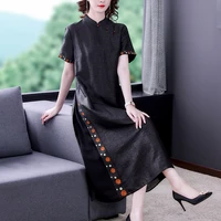 vintage chinese style embroidery black silk midi dress 2021 summer new m 4xl plus size dress women elegant party vestidos