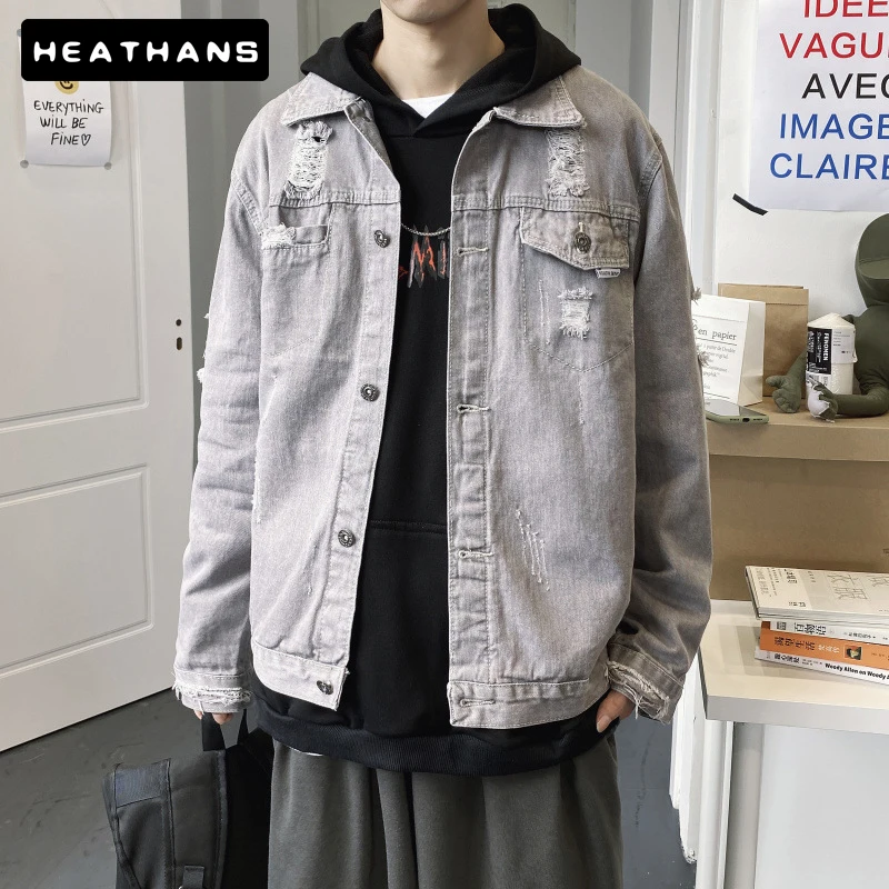 

Fashion Denim Jackets Men's Spring Autumn Handsome Loose Hole Jean Jackets Mens Solid Color Casual Vintage Denim Jacket For Male