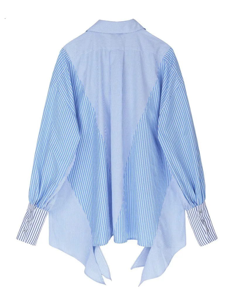 

Newest Fashion Autumn Women Blouse Irregular Striped Patchwork Loose Sleeve Turn Down Collar Casual Shirt Office Lady Blusas
