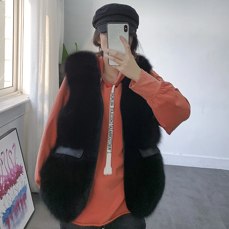 

ZDFURS* Real Fox Fur Vest Women Genuine Leather Waistcoats Winter Female Whole Skin Fur Gilets Jacket Luxury Coats Outerwear