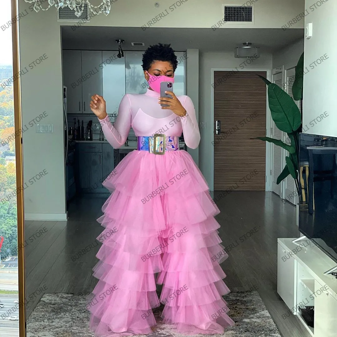 Fashion Pink Ruffles Tulle Loose Straight Long Women Pant Plus Size Elastic Custom Made Chic Pants Female Bottom