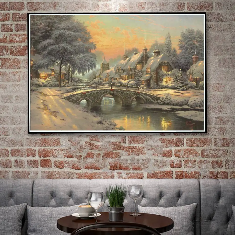 Постер с изображением гор природы реки леса лодки коттеджа Томас кинкаде