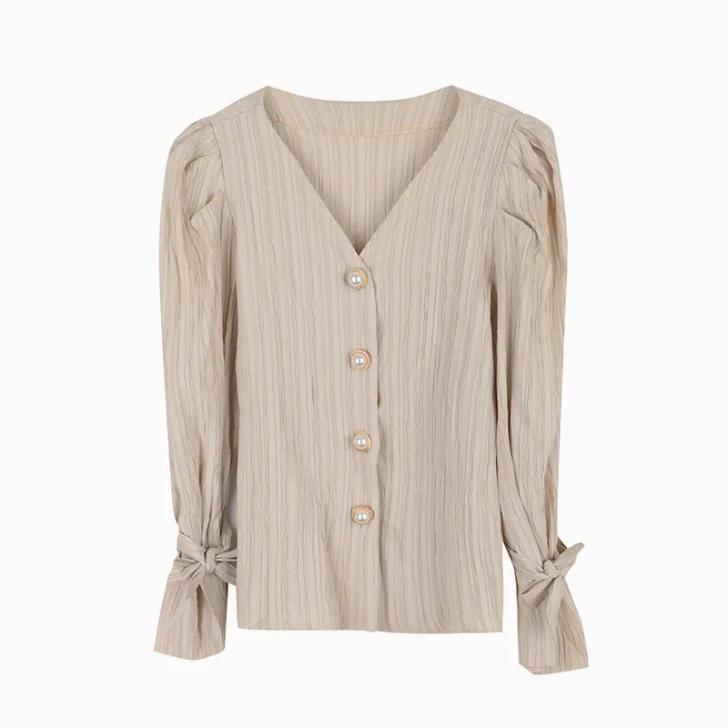 

Korean Fashion Elegant V-neck Pearl Button Long Puff Sleeve Folds T-shirts Casual Sweet Solid Vintage All-match Women Clothing