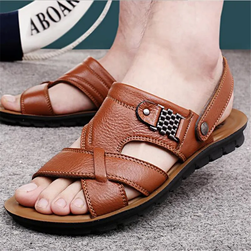 

LAIDILANGTU New men's real leather casual sandals and slippers classic beach shoes large size non-slip men's sandals slippers