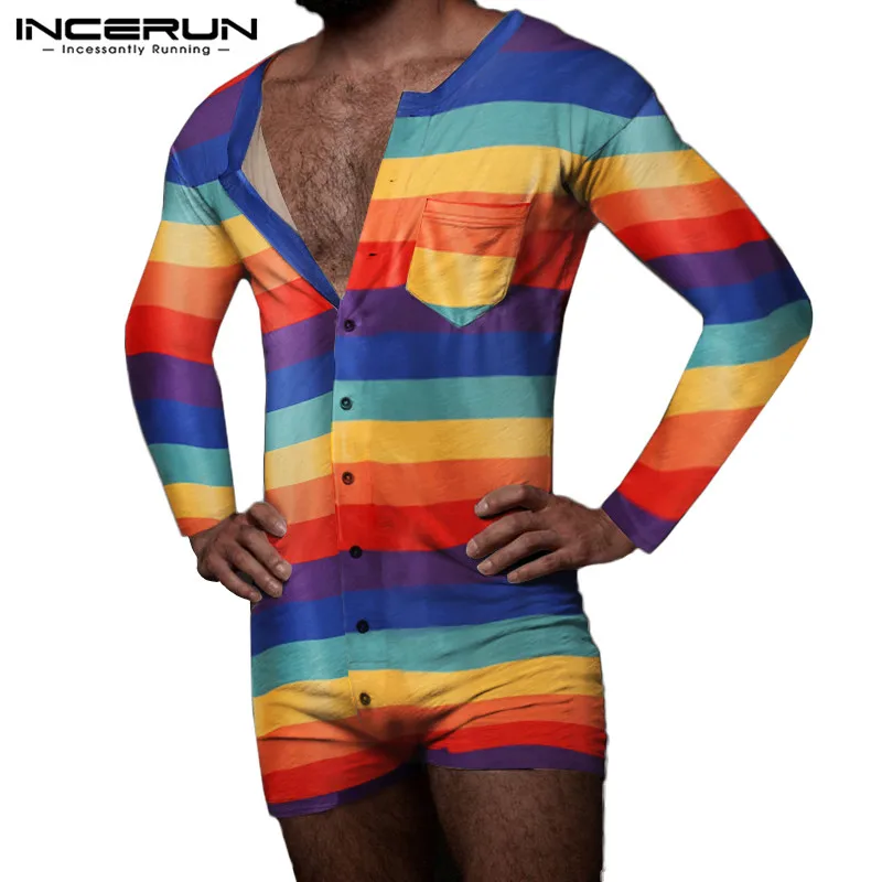 Men Pajamas Rompers Long Sleeve Comfortable Homewear Leisure Mens Jumpsuit Sleepwear Solid Color Button Nightwear S-5XL INCERUN