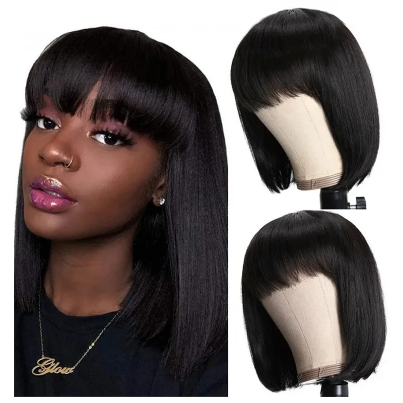 

Sedittyhair 100% Short Bob Human Hair Wig With Bangs Human Hair Wigs Cheap Brazilian Straight Black Fringe Wig