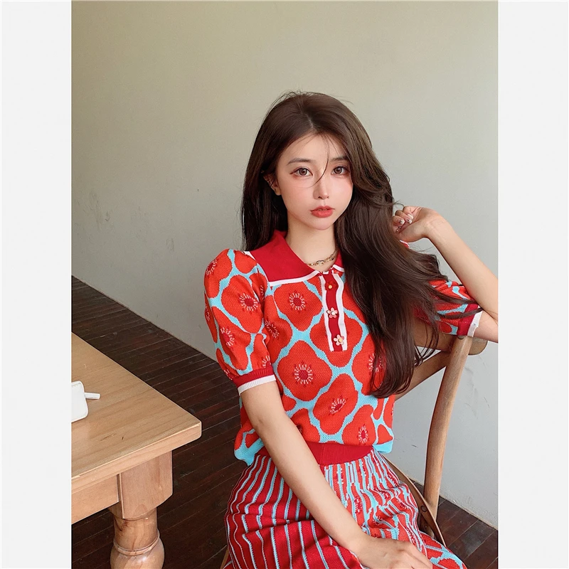 

2021 Korean Summer Fashion 2 Piece Set Elegant Sweet Knitted Lapel Puff Sleeve Pullover Tops + High Waist Irregular Midi Skirts