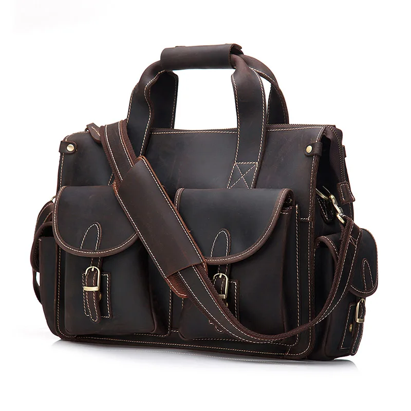 Vintage Men's Briefcase Genuine Cowhide Leather 15&quot PC Laptop Bag Crazy Horse Business Messenger Work Tote for man | Багаж и сумки