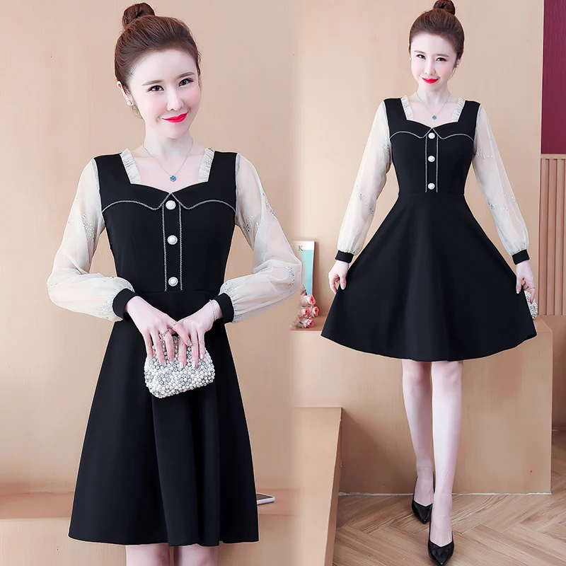 

COIGARSAM 5XL Plus Size Patchwork Women one-piece dress korean Spring Mesh High Waist Dresses 6303