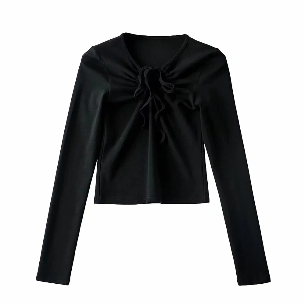 

TVVOVVIN 2021 Spring Women's Sexy Hollow Lace-up Pleated Long Sleeve T-shirt Solid Color Stylish Short Tops U8TD