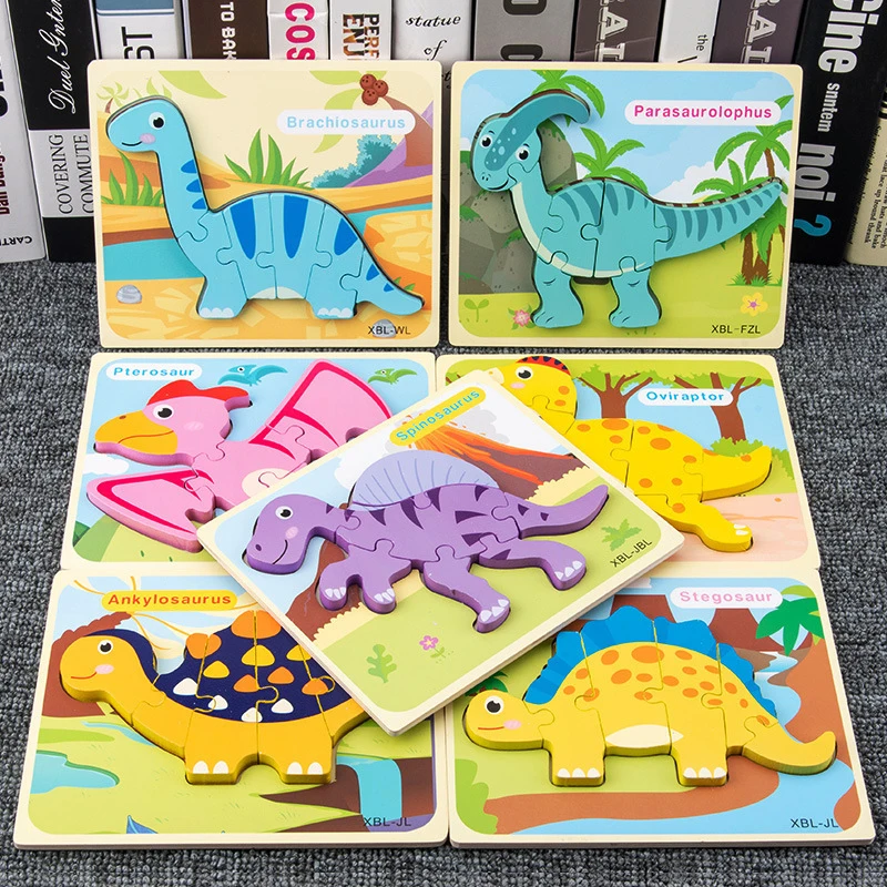 Игрушка Монтессори для детей, развивающая деревянная доска-головоломка, мультяшное животное, динозавр для малышей, Прямая поставка