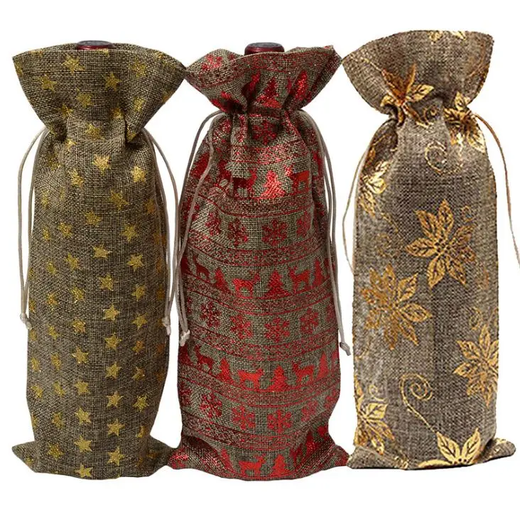 

14x30cm Christmas Natural Jute Burlap Wine Bottle Bag Window Champagne Packaging Gift Bag Party Christmas Decoration SN2039