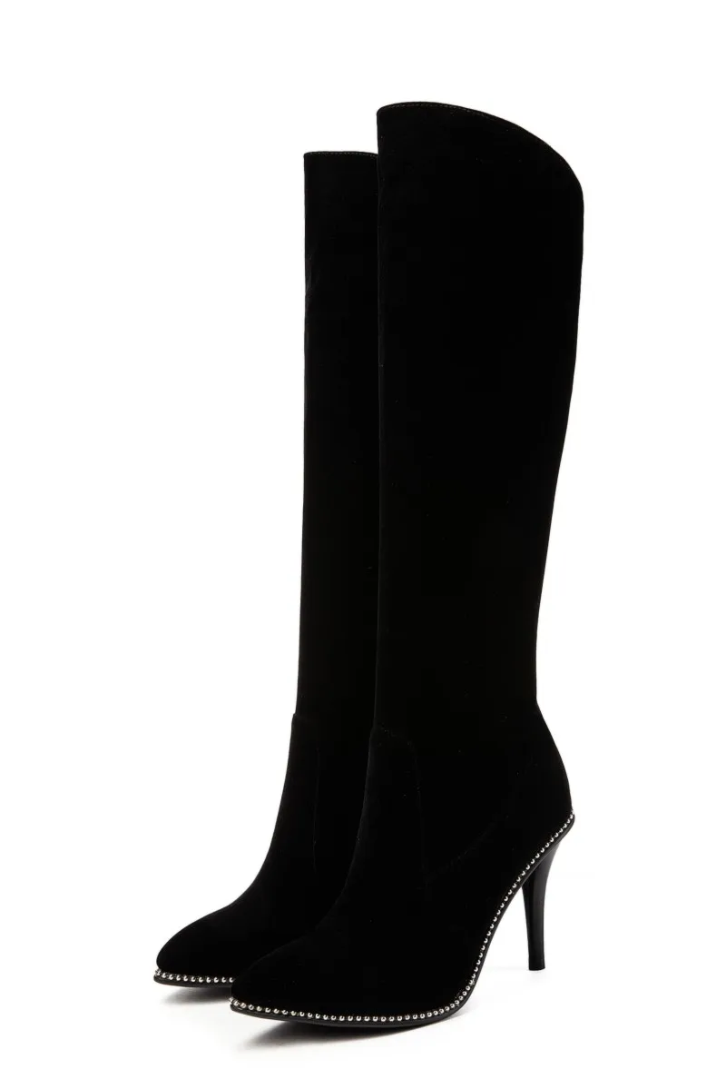 Ботфорты женские выше колена сапоги на молнии сбоку с жемчужной отделкой большие