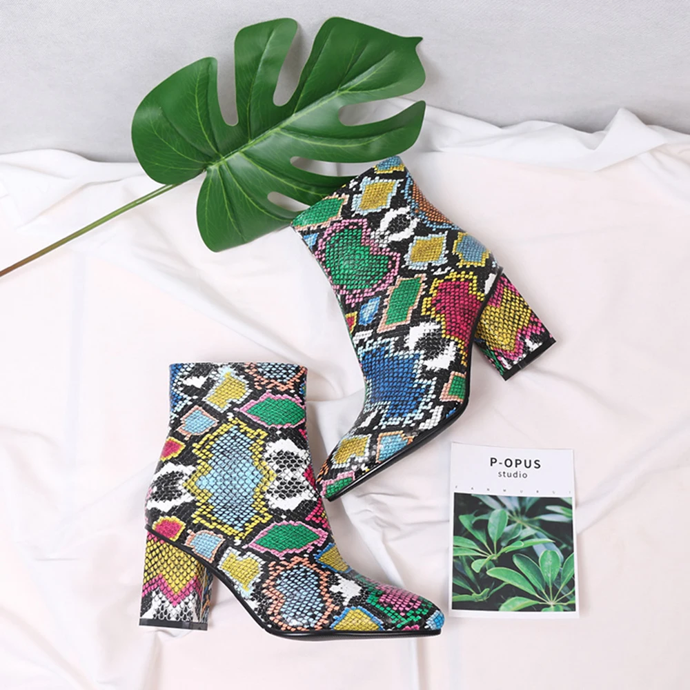 Женские ботильоны из ПУ кожи под змеиную кожу с молнией и острым носком|Женские