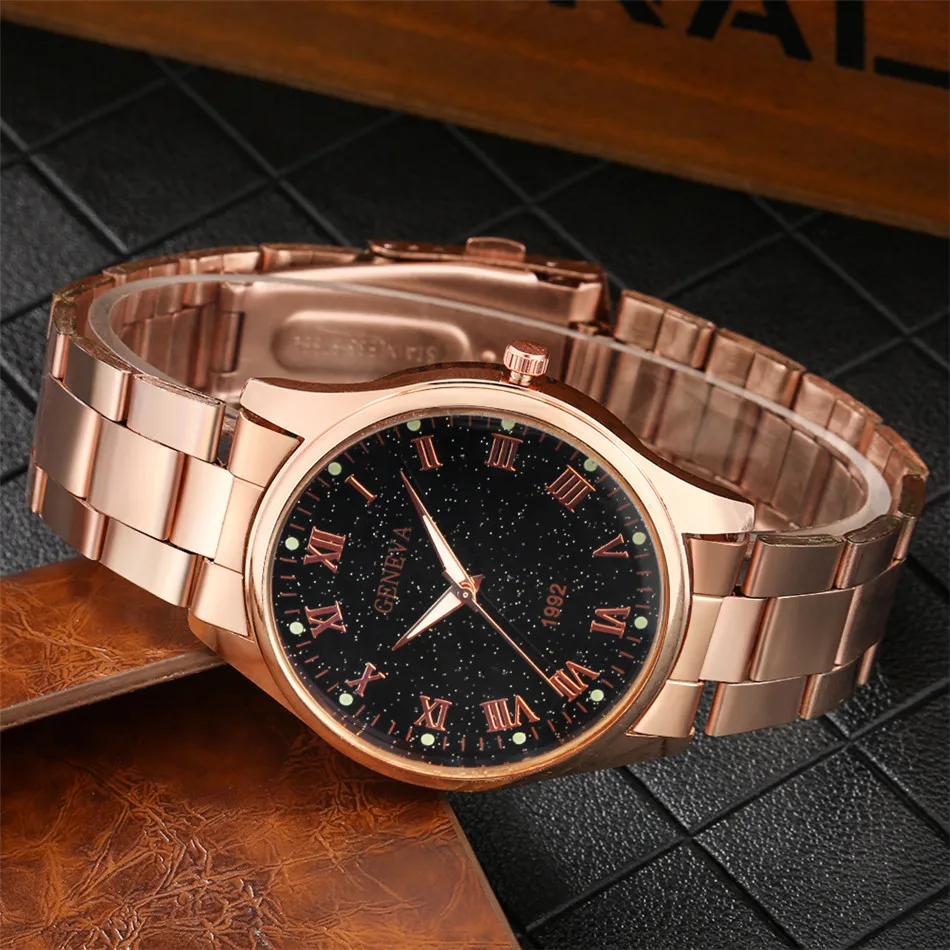 

Rose Gold Roman Numerals Hands Men's Watches Starry Sky Round Dial Men Casual Alloy Wristband Quartz Watch New 2020