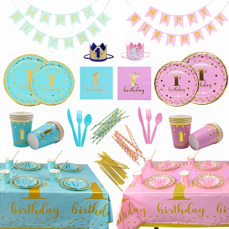 Детская одноразовая посуда на первый день рождения розовая синяя Салфетка под