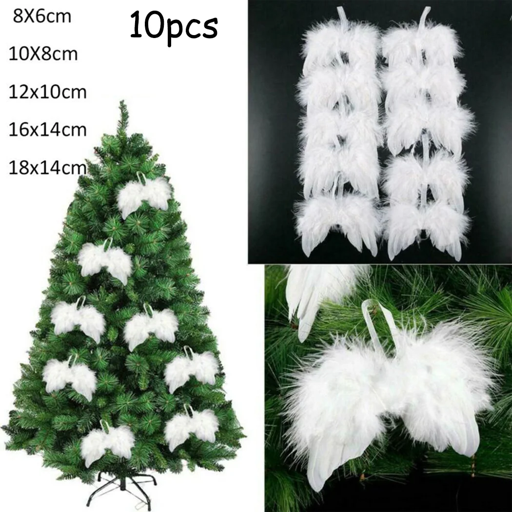 

10PC White Vintage Feather Hanging Angel Wings With Rope Christmas Tree Ornament Party Wedding Home Decoration 2022